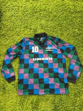 Umbro Vintage 90s Style Checkered Multi-Color Long Sleeve Soccer Jersey